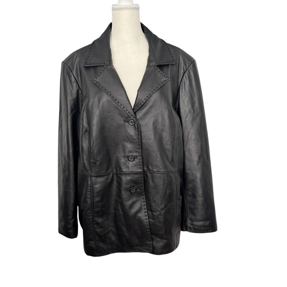 EMC Genuine Leather Coat Womens 3X Black Single Breasted Stitch Trim Pockets